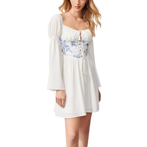 Cider Dress Graphic Print Lace Front Trumpet Sleeve Milmaid Peasant Chinoiserie